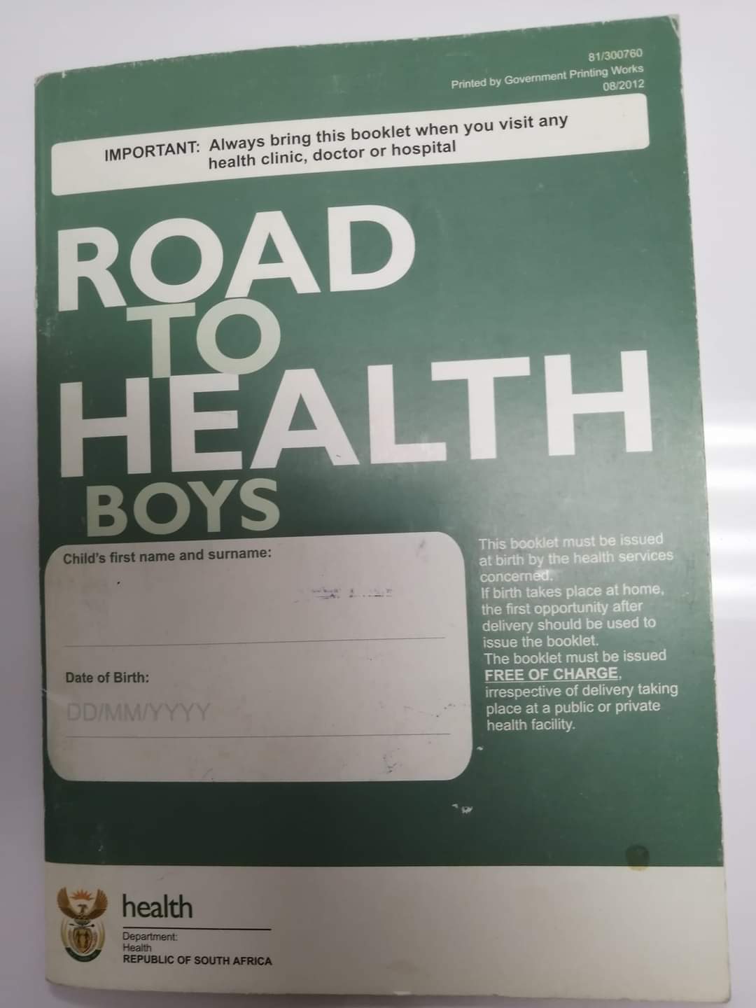 Road to Health baby immunisation record booklet issued by the South African Department of Health